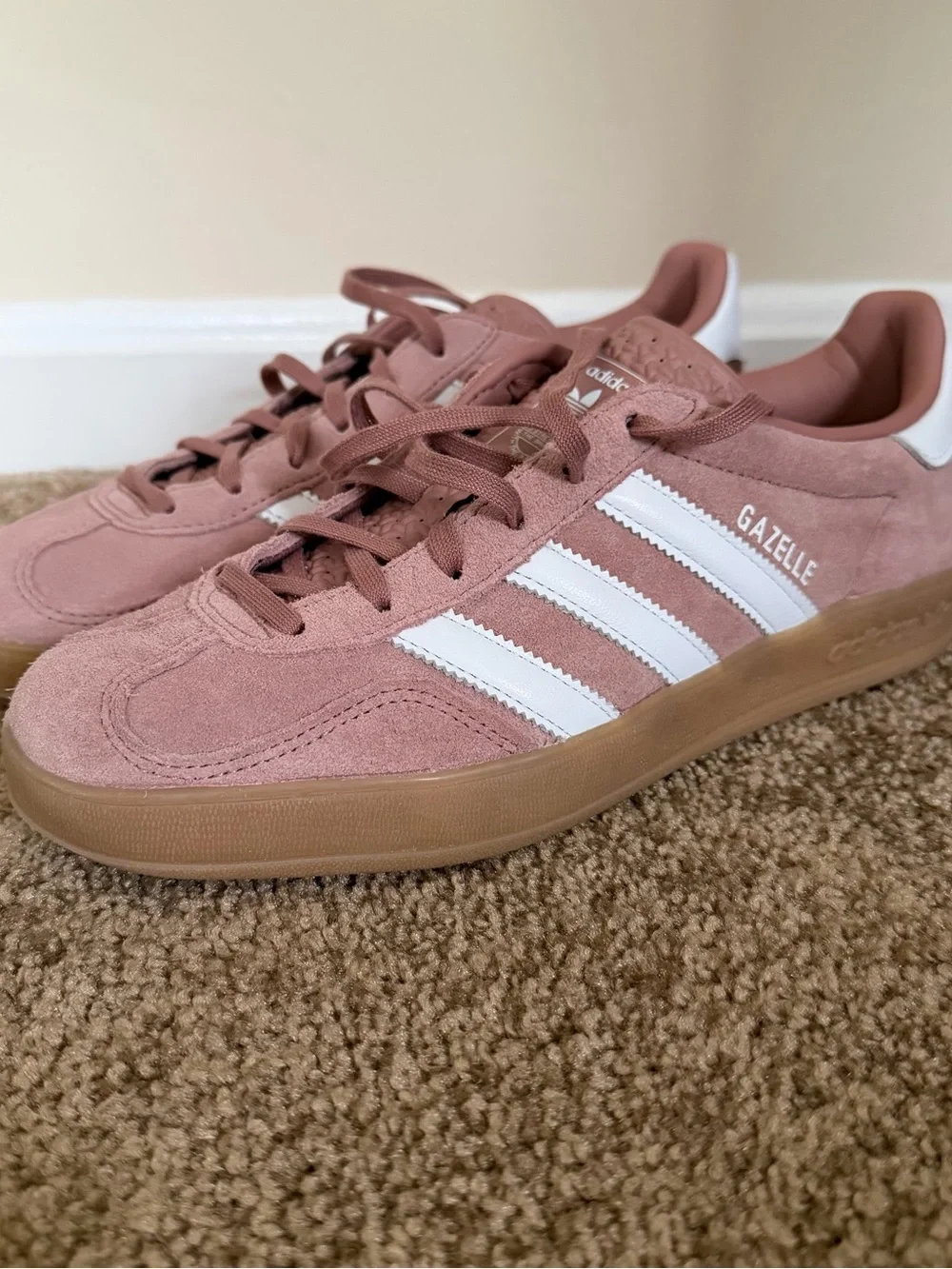 adidas Gazelle Pink Suede Sneakers with White Stripes and Gum Sole